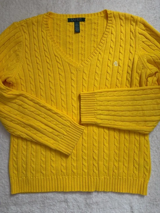 Lauren Ralph Lauren Cotton Bright Yellow V-neck Cable Knit Sweater - Picture 9 of 12
